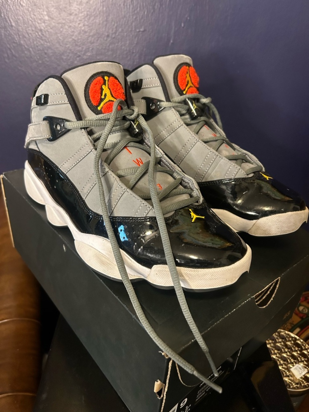 Jordan Retro High-Top Sneakers in Grey, Black and Orange